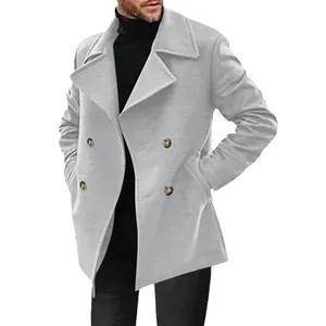 Klassischer hellgrauer zweireihiger mittellanger Trenchcoat aus Wollmischung für Herren