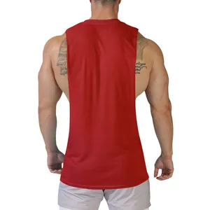 Back view of a men's red sleeveless gym tank top on a muscular fitness model