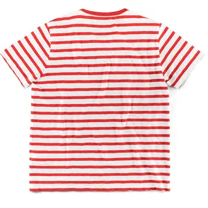 Back view of classic red and white horizontal striped men's casual short-sleeved cotton T-shirt