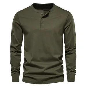Close-up front view of olive green men's long sleeve Henley t-shirt with a slim fit design