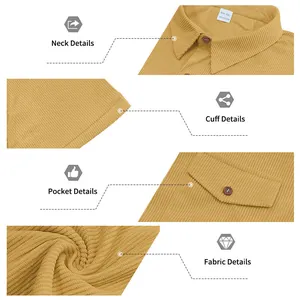 Detailansichten des gelben Cord-Poloshirts für Herren mit Kragen-, Manschetten- und Taschen.