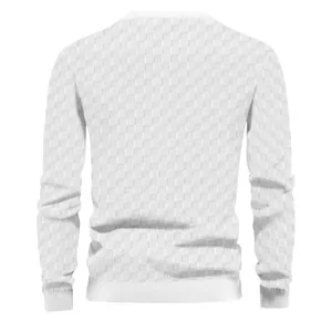 Back view detail of men's white jacquard checkerboard pattern long sleeve sweater