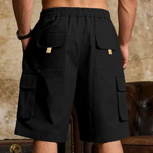 Close-up back view of black multi-pocket cargo shorts for men's outdoor activities