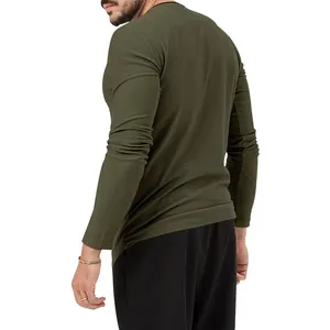Men's slim fit long sleeve olive green Henley T-shirt shown from back view detail
