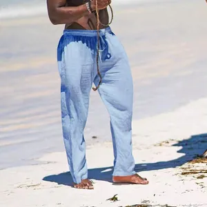 Men's loose cotton linen casual pants in gradient blue, perfect for summer beach style.