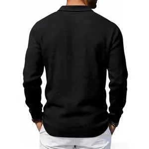 Detailed back view of a breathable black linen long-sleeve polo shirt for men, classic fit