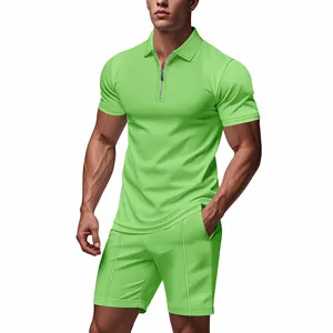 Stylish men's lime green waffle knit short sleeve polo shirt and matching shorts set