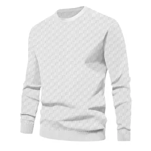Close-up of white men's knitted sweater featuring heavy jacquard checkerboard texture.