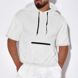 Close-up detail of men's white hooded short-sleeve T-shirt with textured waffle fabric