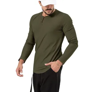 Slim fit men's long sleeve Henley shirt in olive green with button neck detail