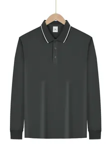 Close-up of men's dark gray quick-dry long sleeve polo shirt with white collar tipping