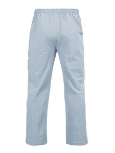 Vue arrière détaillée d'un pantalon décontracté en lin rayé bleu clair pour hommes été