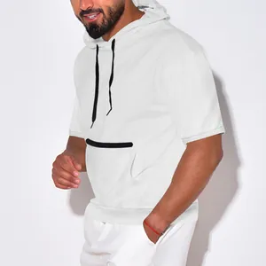 Detail view of men's white casual short-sleeved hoodie featuring a black chest stripe