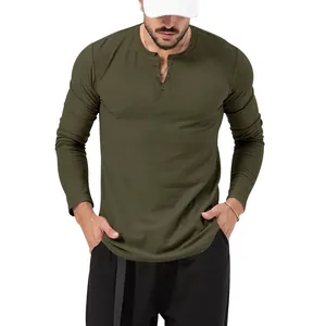 Olive green long sleeve Henley t-shirt for men with three-button neckline