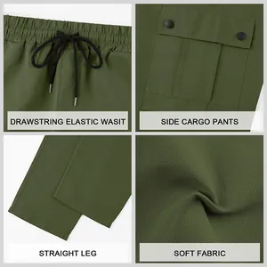 Detalles del pantalón cargo verde oliva para hombre con cintura elástica y tela