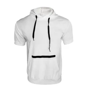 Macro view showing the waffle knit texture of this white men's short sleeve hoodie.