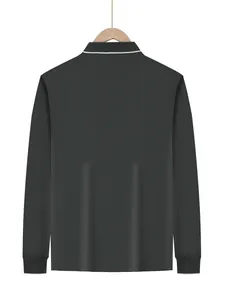 Back view of men's quick-dry long sleeve polo shirt in dark grey with white trim