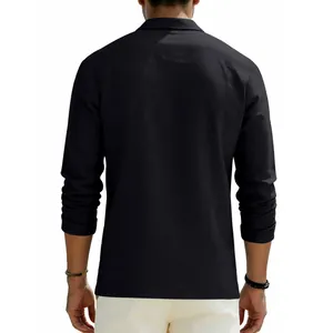 Back view of a classic black long-sleeve linen polo shirt for men in a clean studio setting