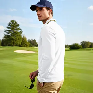 Caucasian male model wearing a white long-sleeved quick-dry golf Polo shirt outdoors
