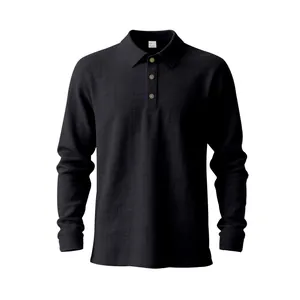 Close-up of black long-sleeve linen polo shirt with textured fabric and button placket
