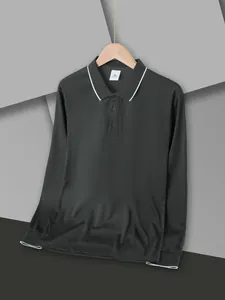 Detail view of men's charcoal long-sleeved polo shirt with white piping on collar