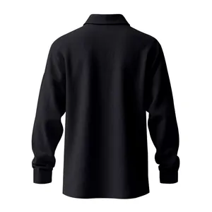 Detailed back view of a men's black long-sleeve linen polo shirt with breathable fabric