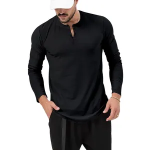 Detailed view of a slim-fit black long-sleeve Henley shirt for men's daily casual style