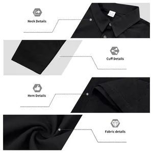 Macro view of black linen polo shirt showing neck, cuff, hem, and fabric details