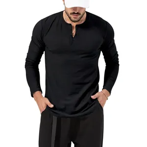 Close-up view of a premium men's slim fit black long-sleeve Henley shirt with buttons