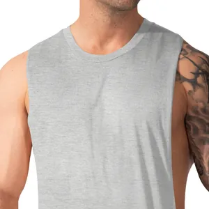 Close-up of men's grey sleeveless fitness tank top showing soft cotton fabric texture.