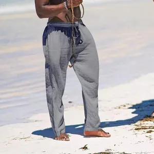 Men's grey loose breathable cotton linen wide leg trousers for beach casual wear