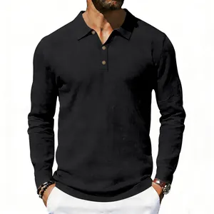 Detail shot of a black linen long-sleeved polo shirt for men showing fabric texture