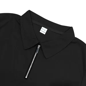 Close-up detail of a black men's waffle knit polo shirt with zipper and collar