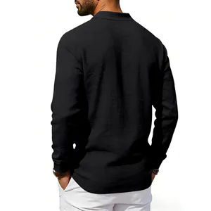 Back view of a black men's long sleeve linen polo shirt with breathable texture