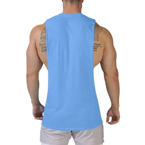 Back view detail of a men's light blue sleeveless fitness vest for bodybuilding
