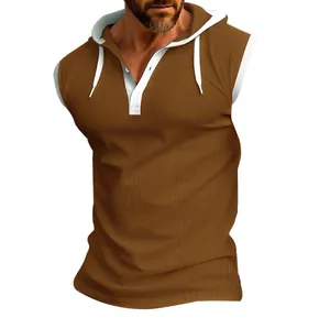Detail of men's brown sleeveless hooded T-shirt with white contrast trim and button placket