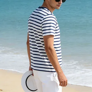Detailed close-up of a men's blue and white striped breathable cotton casual T-shirt