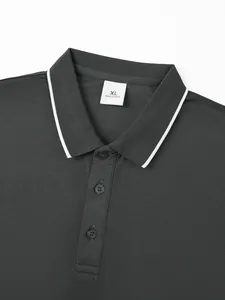 Close-up detail of men's charcoal gray quick-dry polo shirt collar showing XL label.