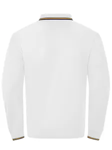 Back view of men's white long sleeve polo shirt with navy and yellow striped collar