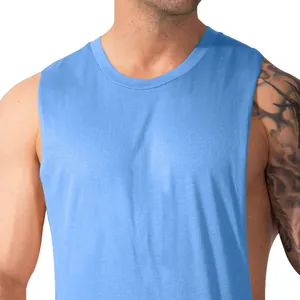Detail showing the crew neck and armhole of a blue sleeveless men's tank top