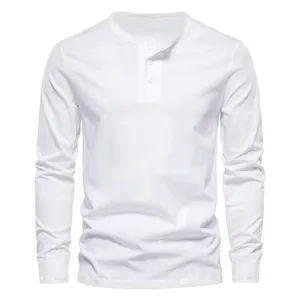 Close-up front view of a classic men's white slim-fit long-sleeve Henley t-shirt
