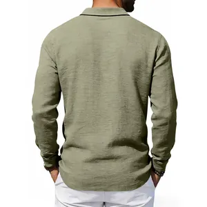 Back view of a breathable olive green linen-texture long-sleeved polo shirt.