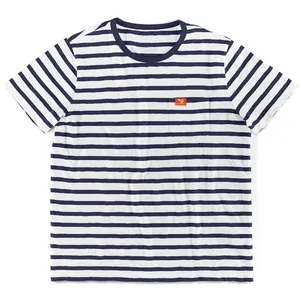 Detail of men's casual short-sleeve T-shirt with blue stripes and chest pocket
