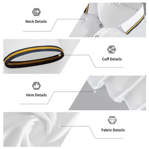 Close-up details of breathable white golf polo shirt with striped collar and cuffs