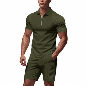 Close-up of olive green waffle knit fabric on men's summer Polo shirt and shorts casual set