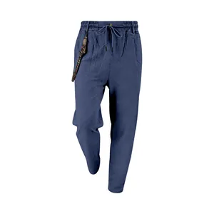 Vue détaillée du pantalon décontracté en lin bleu marine pour hommes avec cordon