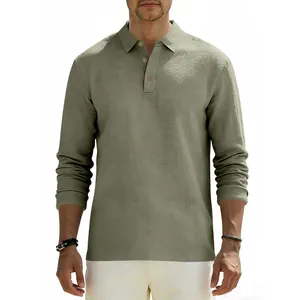 Detail view of men's army green long-sleeved polo shirt with linen texture details