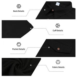 Detailansichten eines schwarzen Cord-Kurzarm-POLO-Shirts mit Stoff- und Kragendetails