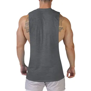 Back view of a grey sleeveless muscle tank top for men's professional gym fitness training.