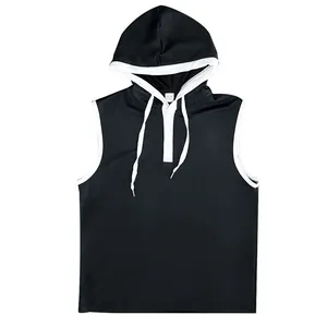 Casual men's black sleeveless hoodie vest with white drawstrings and trim detail